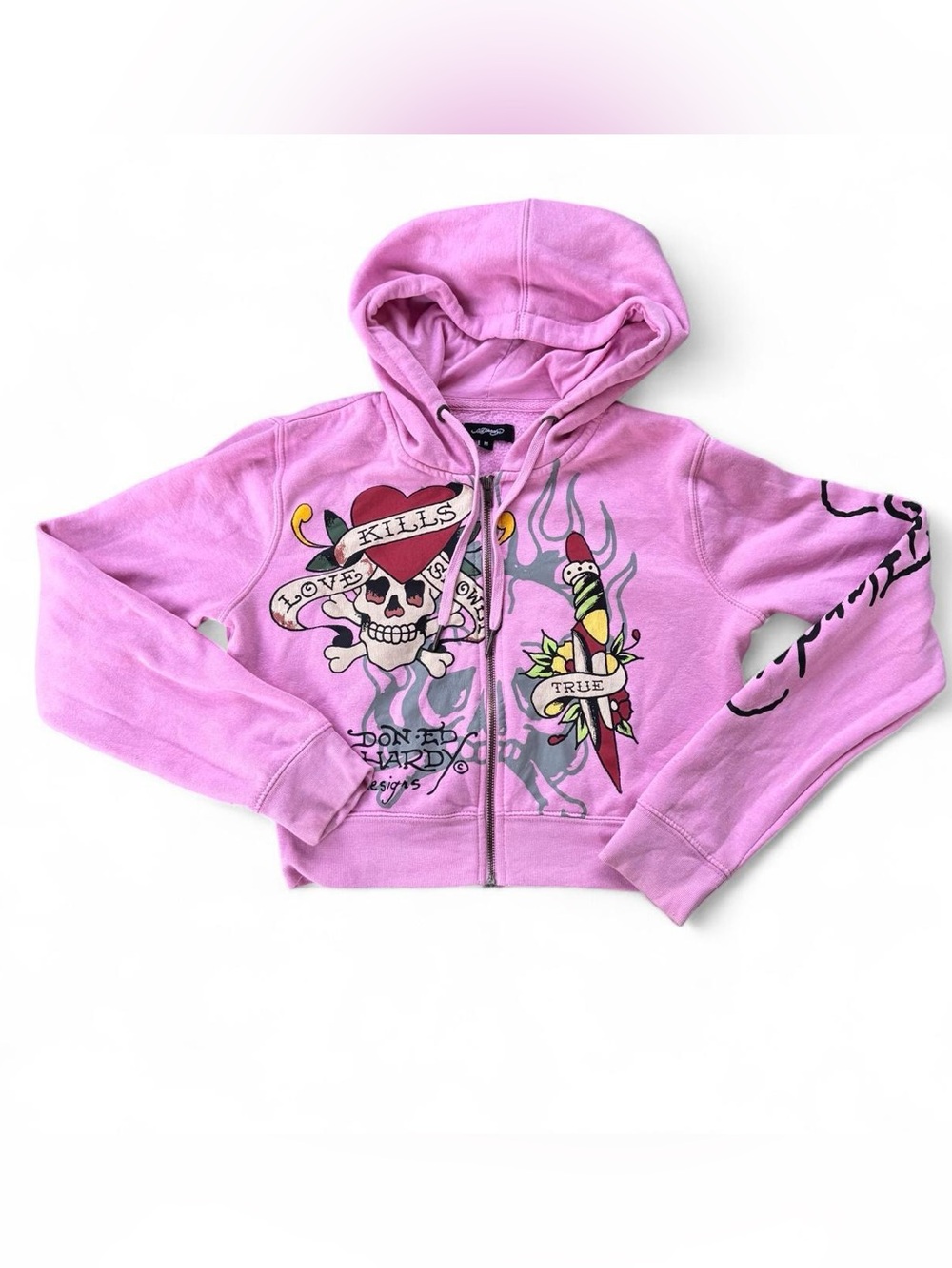 Y2K Ed Hardy Pink Tattoo Graphic Zip-Up Hooded Crop Fitted Hoodie Medium (small)